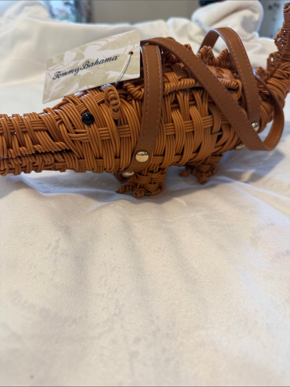 Tommy Bahama Woven Alligator Basket Crossbody in Cognac Brown